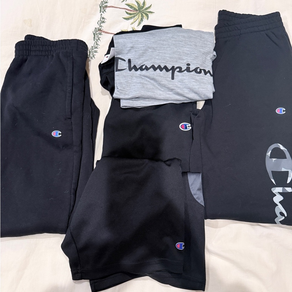 Set of 5! Champion Kids Black and Grey joggers (3)- one shirt, one shorts. 10/12
